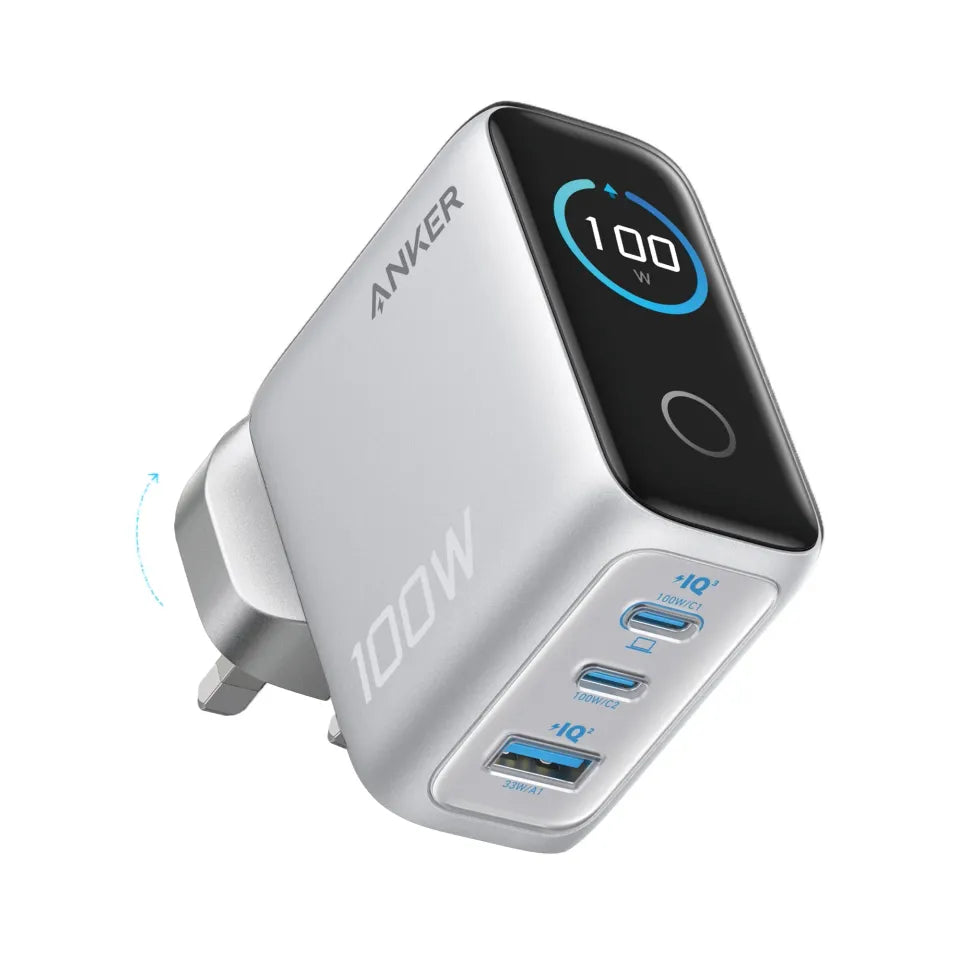 Anker Charger (100W, 3 Ports, Smart Display) 3輸出牆插充電器連 USB-C 充電線 B121B【原裝行貨】