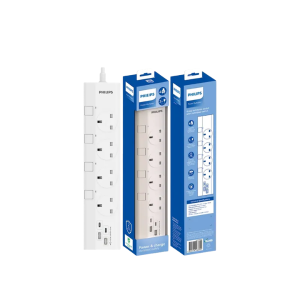 PHILIPS 3米四位獨立開關附2A2C充電槽電拖板 CHP4747WB/82【原裝行貨】