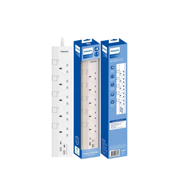 PHILIPS 3米五位獨立開關附 2A2C 充電槽電拖板 CHP4757WB/82【原裝行貨】