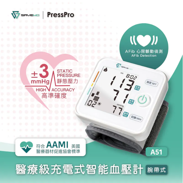 SAVEWO PressPro醫療級充電式智能血壓計（腕帶式) A51【原裝行貨】