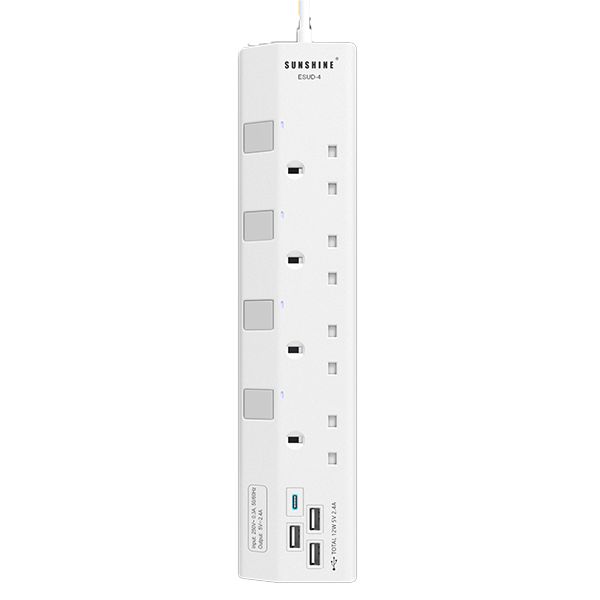 Sunshine (ESUD) 13A 三位/四位/五位 獨立提示燈開關拖板+USB充電位 (連3米線)【原裝行貨】