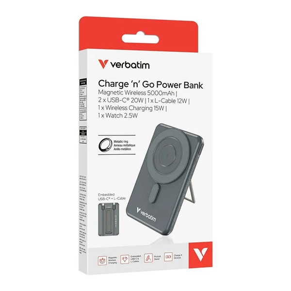 Verbatim Charge ‘n’ Go Power Bank Magnetic Wireless Charging 5000mAh/10000mAh 5-in-1 Stand 自帶線磁吸行動電源【原裝行貨】