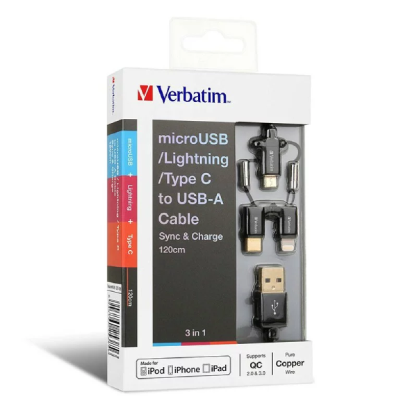 Verbatim MicroUSB, Lightning及Type C to USB-A 3合1充電傳輸線 (65385) 【原裝行貨】