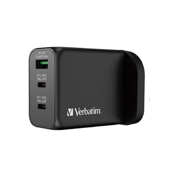 Verbatim 3 Port 65W PD 3.0 & QC 3.0 GaN 充電器 (66716)【原裝行貨】