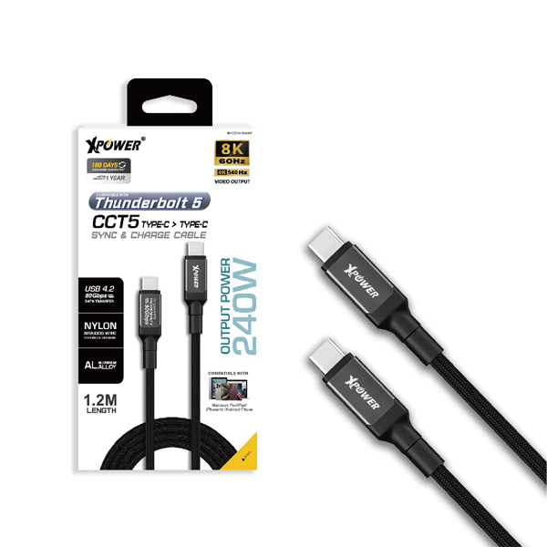XPower CCT5 1.2M 鋁合金 Thunderbolt 5 240W USB4.2 高速傳輸充電 Type-C>Type-C線【原裝行貨】