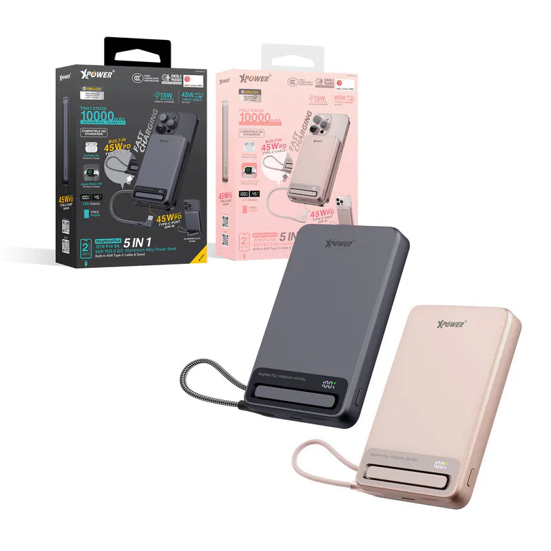 XPower MagNetoPlus Q10 Pro 5A鋁合金10000mAh 45W PD3.0支架及數顯QI2磁吸移動電源內置45W Type-C充電線【原裝行貨】【3C認證】