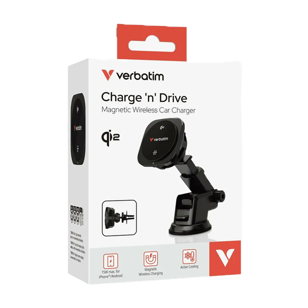 Verbatim 31861 Charge‘n’Drive Qi2 15W 磁吸車用無線充電器 Magnetic Wireless Car Charger With Active Cooling【原裝行貨】