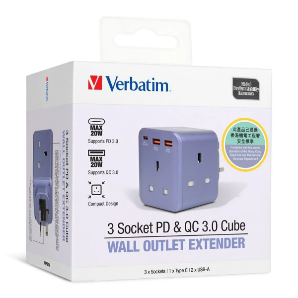 Verbatim 3 Socket PD & QC 3.0 Wall Outlet Extender 擴充萬能插蘇(66887,66849,66850)【香港行貨】